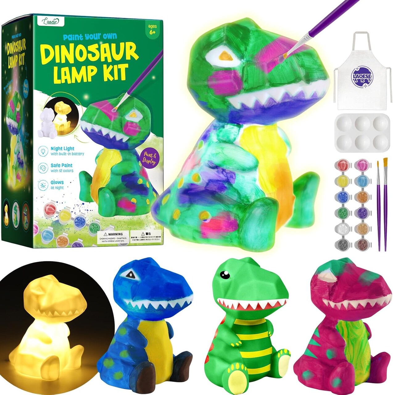 DIY Paint Your Own Dinosaur Lamp Kit - Complete Kids Arts and Crafts Set - Personalized Night Light Project with 12 Paint Pots, Apron, and Stickers - Creative Dinosaur Toy Gift for Boys and Girls Ages 3-12+